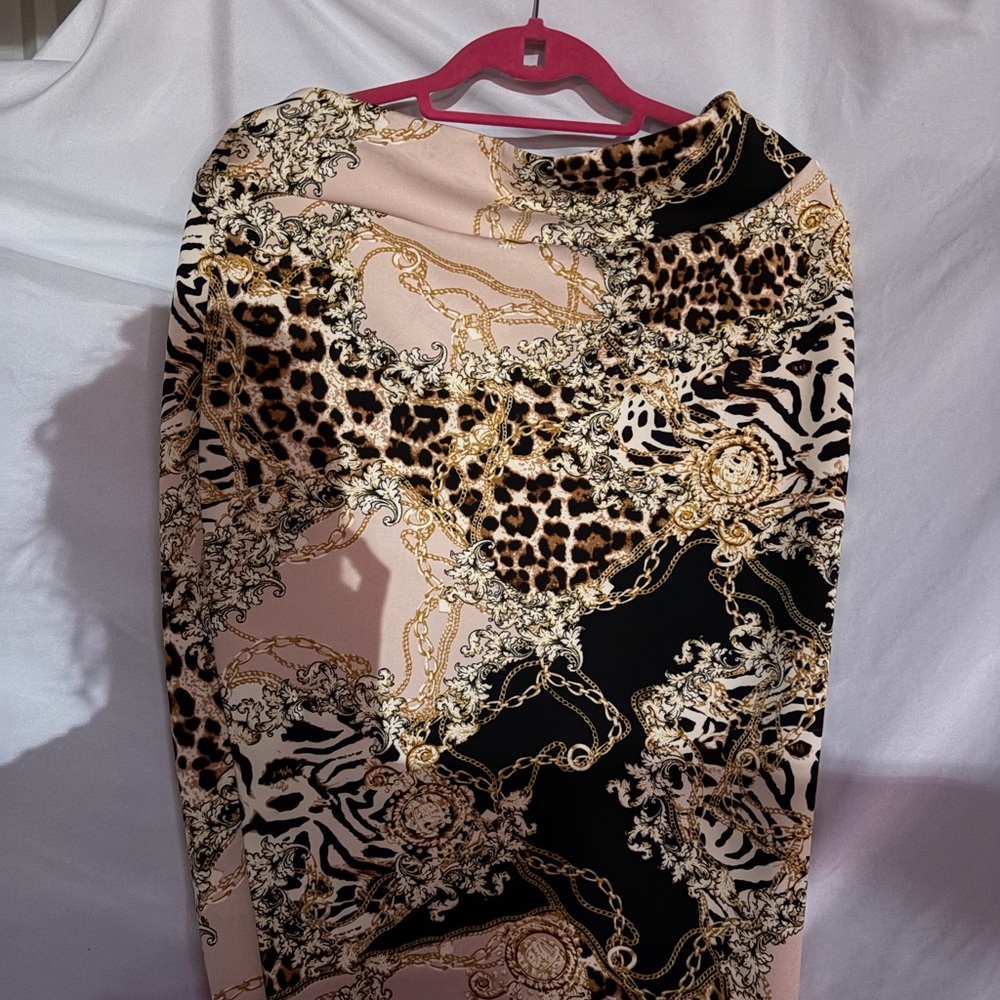 Printed Chain & Animal Print Pencil Skirt - Black, Beige & Gold Accents